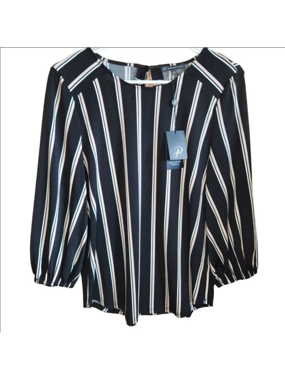 ADRIANNA PAPELL 3/4 SLEEVE STRIPE BLOUSE TOP TUNIC BLACK WHITE BLUSH SMALL NWT
